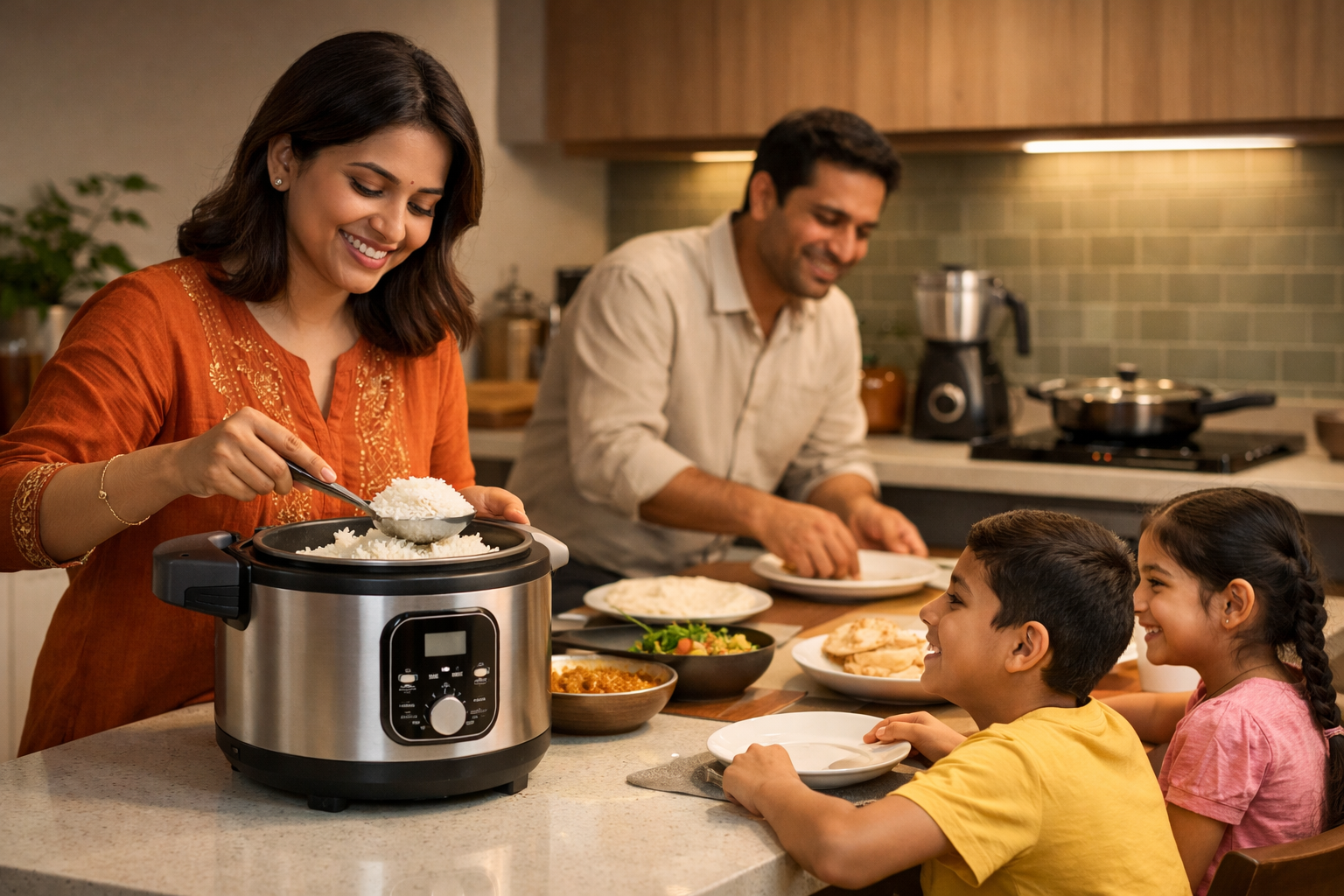 Indian family in modern kitchen